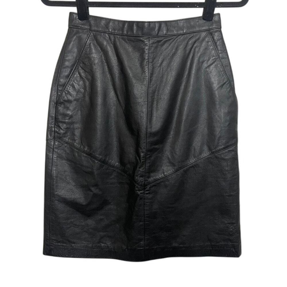 Vintage Evan Davies Black Genuine Leather High Waisted Pencil Skirt Size 8